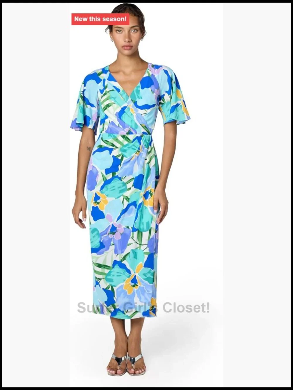 Women's Short Flutter Sleeve Faux Wrap Midi Dress Polyester Spandex Floral